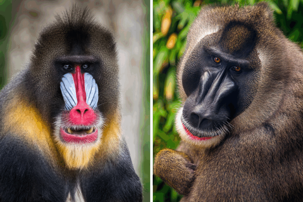 Ein Mandrill (links) ist von einem Drill (rechts) einfach durch die Gesichtsfärbung zu unterscheiden (Fotos: Shutterstock.com).
