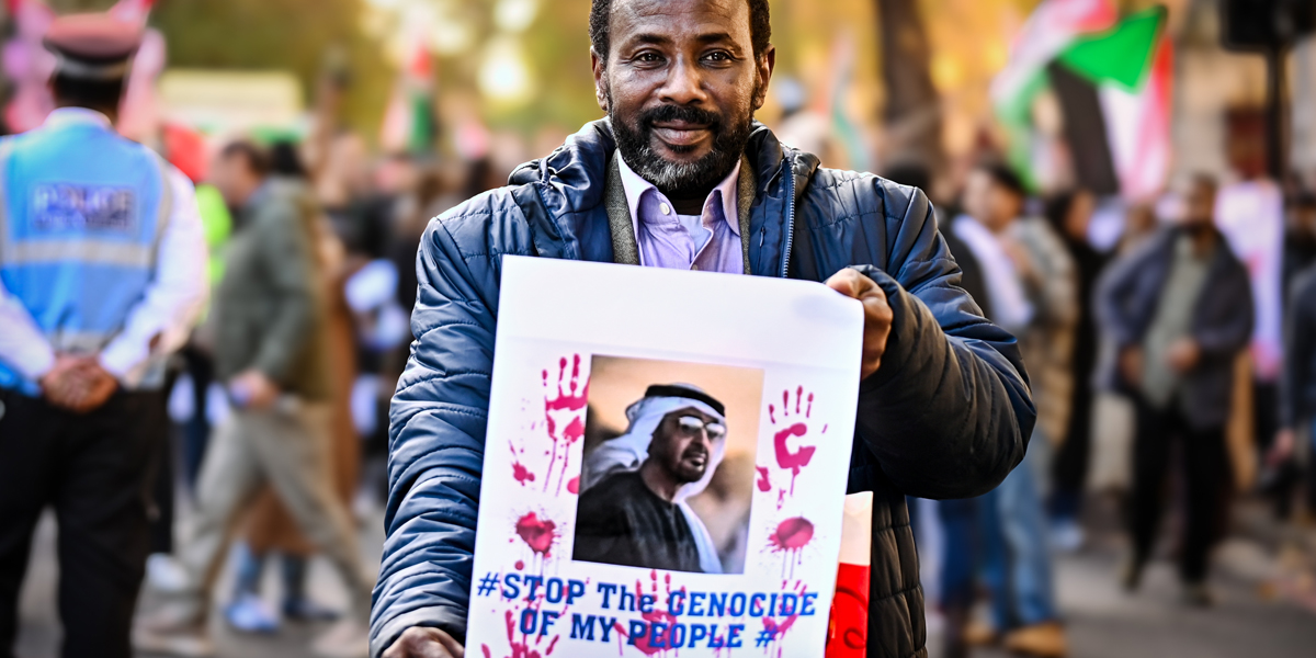 Am 8. November 2025 protestierten tausende Demonstrant*innen in London gegen die Unterstützung von Kriegsparteien im Sudan. Dieser Teilnehmer zeigt ein Bild von Muhammad bin Zayid Al Nahyan, Herrscher von Abu Dhabi und Präsident der Vereinigten Arabischen Emirate.
