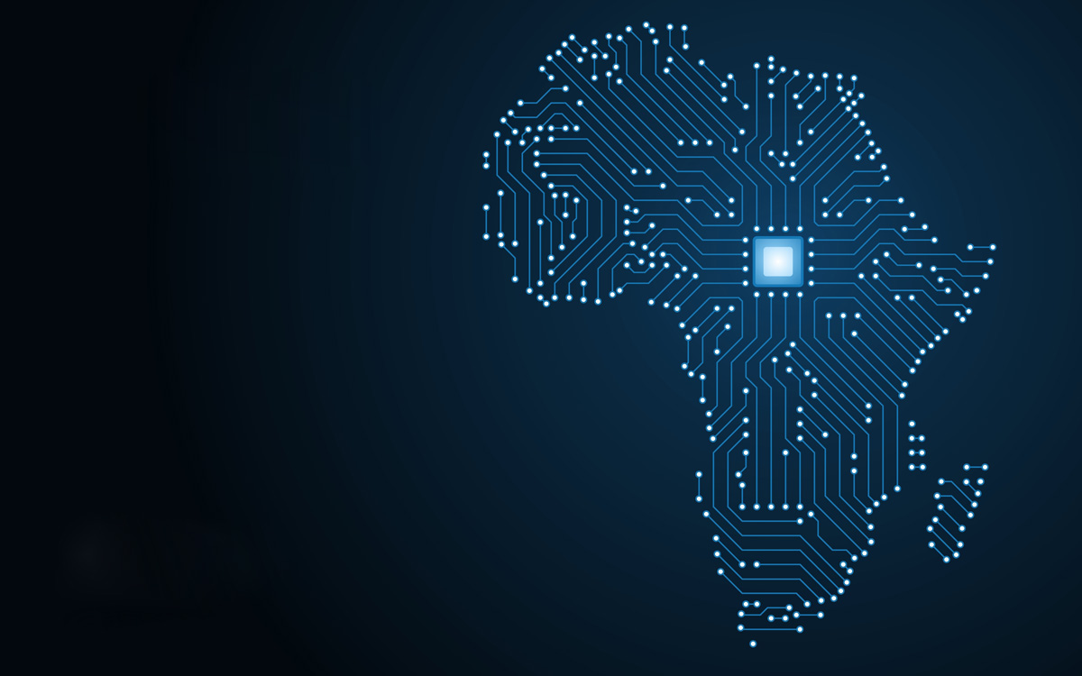 Umrisse von Afrika dargestellt in einem Muster aus Mikrochips