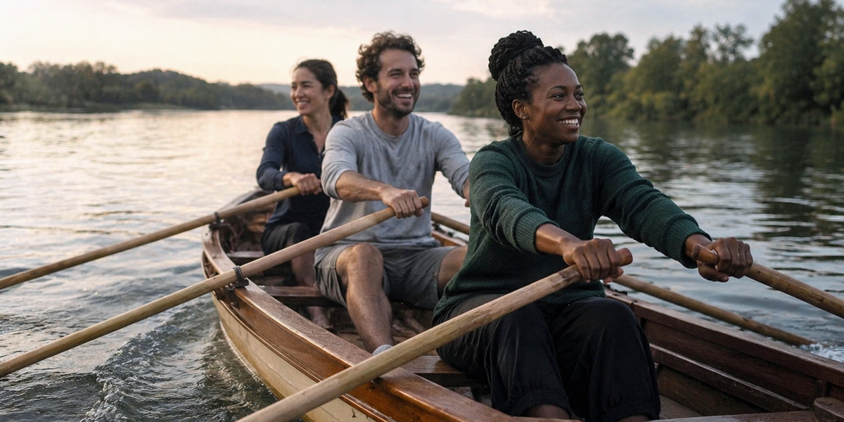 Drei junge Menschen rudern in einem Boot gemeinsam ans Ziel – Führen in Verbundenheit und Ubuntu Leadership